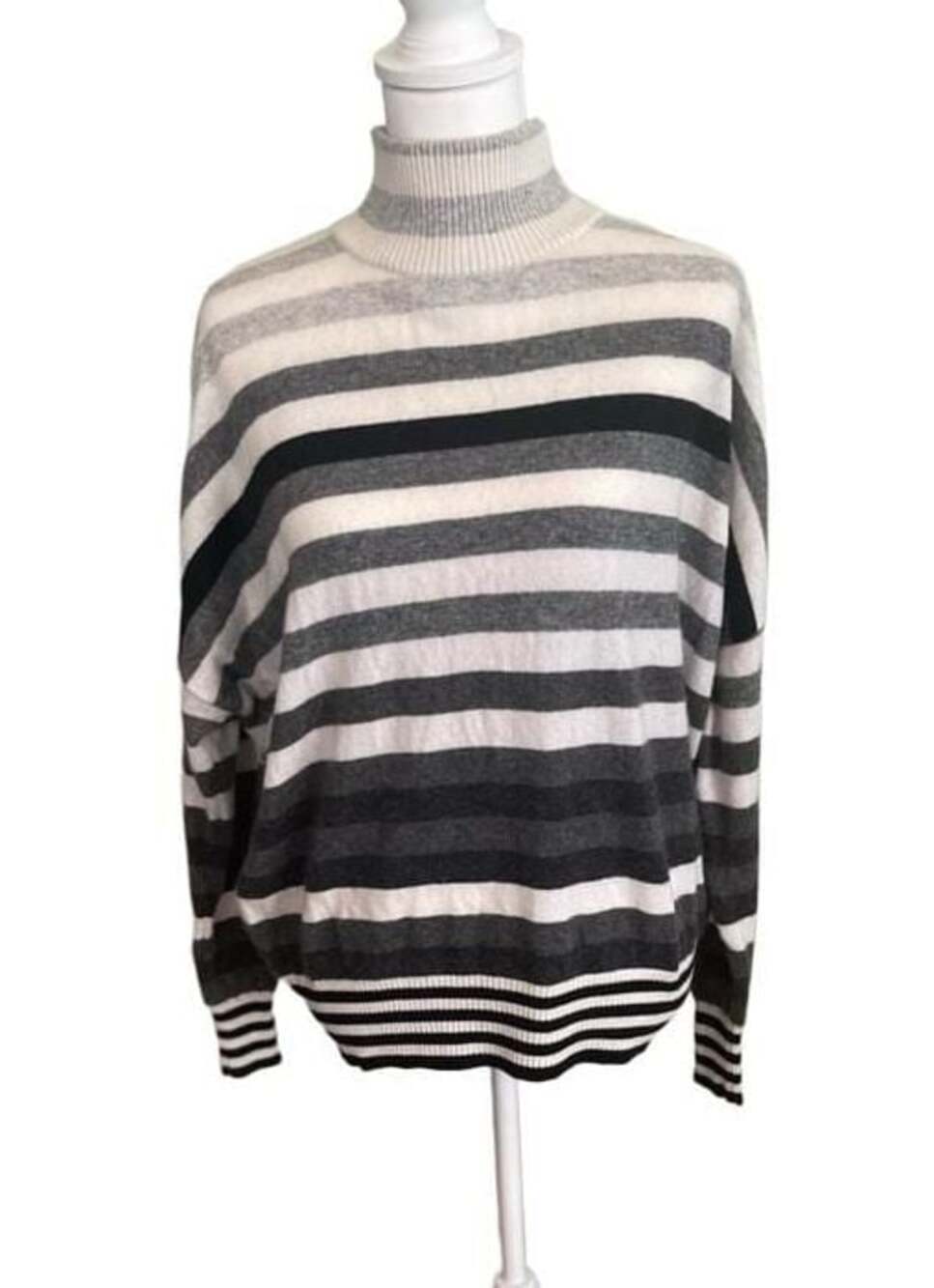 Brodie 100% Cashmere Mock Neck Sweater Black, White, Gray Stripe, Sz. Medium